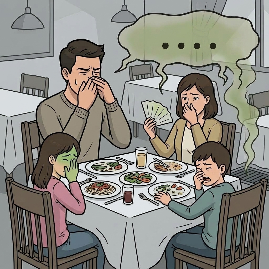Pelanggan menutup hidung karena bau tidak sedap saat makan di restoran